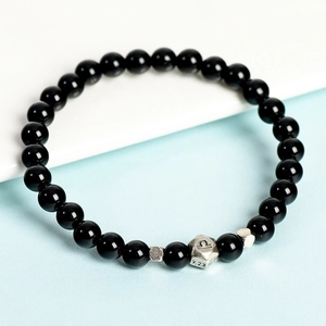 Bracelet en obsidienne naturelle avec signe Balance et perles en métal argenté