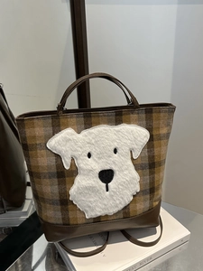 Borsa Tote Retro A Quadri Da Donna Grande Capacità Tela Pelle PU Ricamo Patch Animale Borsa A Mano Stile Preppy Spalla