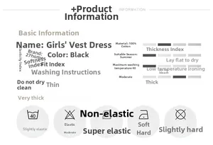 Detailed size chart and material specifications for girls' black cotton sleeveless dress