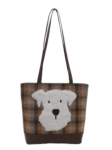 Borsa tote a quadri con applicazione di cane bianco e dettagli in pelle marrone