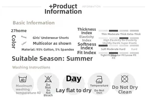 Detailed size chart and fabric composition for girls cotton summer safety shorts