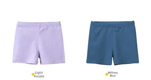 Flat lay of high-elastic cotton girls' safety leggings in light purple and army blue colors