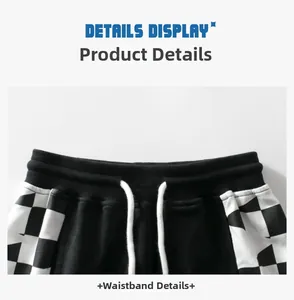 Détail de la taille élastique avec cordon blanc et motif à damier sur le côté du short