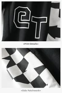 Détail de l'imprimé lettre CT et du motif damier noir et blanc sur short pour enfant
