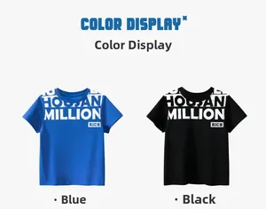 Détail de t-shirts bleu roi et noir pour garçons avec imprimés de lettres blanches