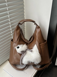 Women Fashion PU Leather Backpack Large Capacity Urban Shoulder Bag With Cute Plush Dog And Bow Decor For Travel School Daily Use