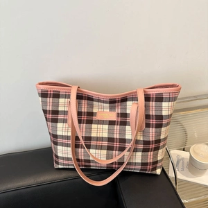Women Plaid Nylon Tote Bag Large Capacity Checkered Shoulder Bag Retro Commuting Underarm Handbag For Daily Fashion