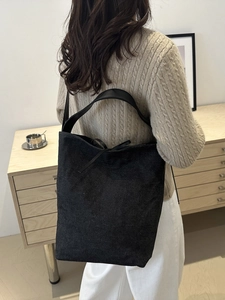 Large black denim bucket bag for women with leather straps and minimalist Korean design