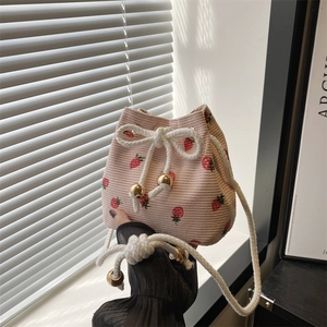 Women Corduroy Strawberry Drawstring Bucket Bag Cute Mini Crossbody Bag With Gold Beads Casual Handbag Sweet Style