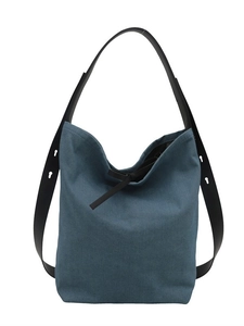 Large capacity dark blue denim bucket bag with adjustable black leather shoulder strap