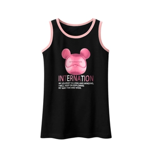 Girls black cotton sleeveless dress with pink cartoon print and contrast trim details