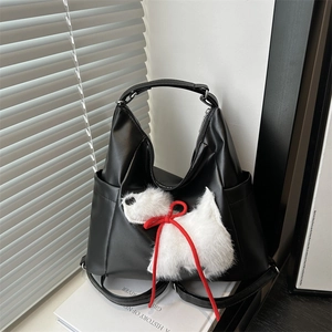 Cute Plush Dog PU Leather Shoulder Bag For Women Large Capacity Korean Style Casual Tote Bag With Bow Decoration