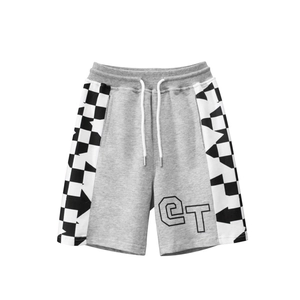 Short de sport gris pour enfants avec bandes damier et cordon de serrage blanc