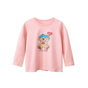 T-shirt rose à manches longues en coton pour filles avec imprimé ours mignon et cœur