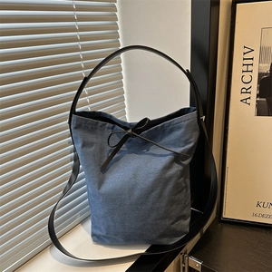 Sac Seau en Jean en Toile pour Femme Sac à Épaule Minimaliste Avec Détail de Nœud Sac Fourre-Tout Décontracté pour Étudiants