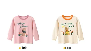 Detail of girls' long-sleeve cotton T-shirts in pink and beige with cute bear prints
