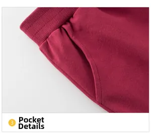 Detail of burgundy children's joggers showing elastic waistband and side pocket texture