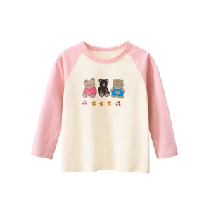 Kids long sleeve bear print T-shirt with raglan sleeves in pink and beige cotton