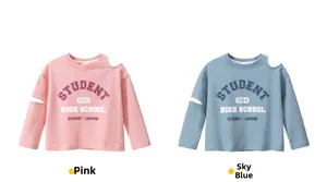 Detail of off-shoulder cotton long sleeve t-shirts for girls in pink and light blue
