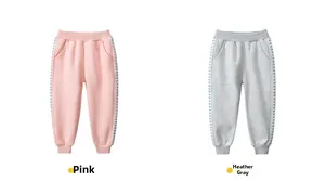 Detail of pink and grey kids joggers showing heart-patterned side stripes and cuffs