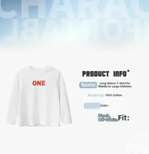 Detail of cream cotton long sleeve kids t-shirt featuring red ONE print and product info