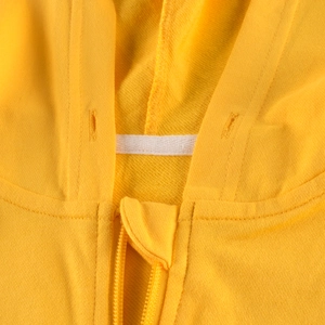 Vibrant yellow kid's zip-up hoodie featuring cotton knit fabric and hood drawstring details