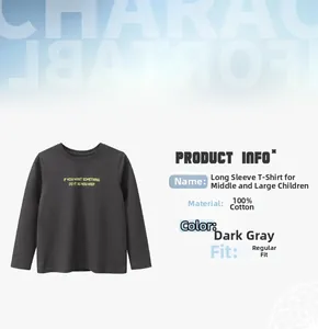 Detail view of boys long sleeve cotton t-shirt in dark grey with yellow text print