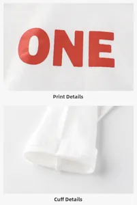 Detail of red ONE letter print and neat double-needle stitching on white cotton shirt
