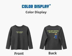 Flat lay of boys dark grey long sleeve t-shirt showing front and back cartoon graphics