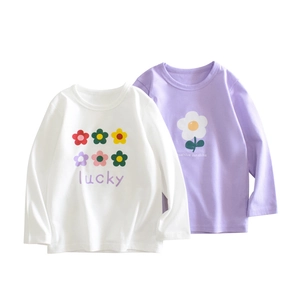 T-Shirt À Manches Longues Pour Filles 100% Coton Imprimé Floral Col Rond Doux Respirant Haut Décontracté