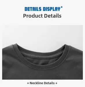 Detail view of the ribbed crew neck and double-needle stitching on dark grey cotton T-shirt