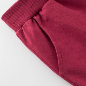 Detail of burgundy autumn kids sweatpants showing elastic ribbed waist and side pockets