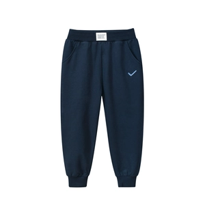 Kids navy blue joggers with elastic waist and light blue embroidery on white background