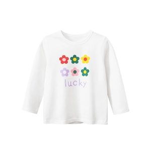 T-shirt blanc à manches longues pour filles avec imprimé fleurs et texte lucky