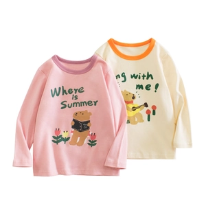 Kids Girls Cotton Long Sleeve T-Shirt Cute Cartoon Bear Print Crew Neck Top For Spring Autumn Toddler Daily Casual Clothes