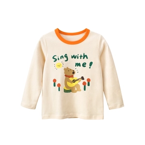 Girl's long-sleeve cotton T-shirt in cream with orange collar and guitar bear print