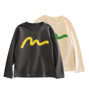 T-Shirt À Manches Longues Pour Garçons En Pur Coton Col Rond Applique Ondulée Haut Décontracté Automne