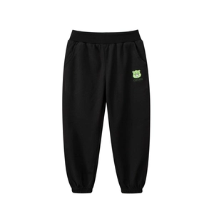 Schwarze Kinder-Jogginghose aus Baumwolle mit grünem Bärenstick und elastischem Bund