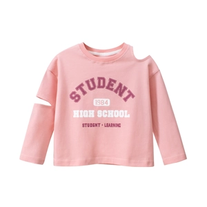Pink long-sleeve cotton T-shirt for girls featuring off-shoulder cutouts and vintage prints