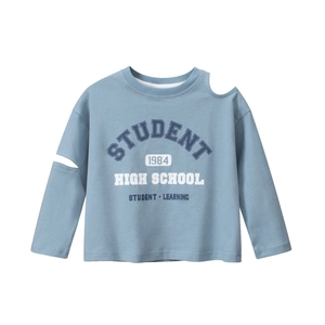 Sky blue girls' off-shoulder long-sleeve cotton T-shirt with varsity graphic print