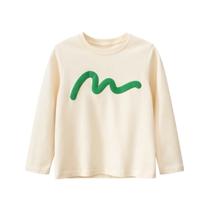 T-shirt enfant à manches longues beige avec motif graphique vert ondulé sur le devant