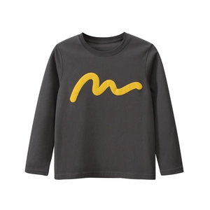 T-shirt manches longues pour enfant gris foncé avec motif vagues jaunes brodé