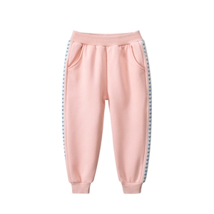 Pink girls joggers with heart pattern stripes on sides, fleece lining for autumn winter