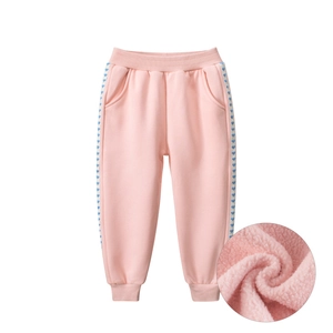 Girl's pink fleece lined joggers with blue heart side stripes and elastic waist
