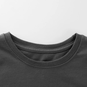 Close-up of charcoal grey cotton long-sleeve T-shirt with ribbed crew neck and neat stitching