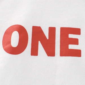 White cotton kids long sleeve t-shirt featuring bold red ONE print on front