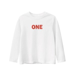 Kids long sleeve white cotton T-shirt with red ONE letter print for autumn