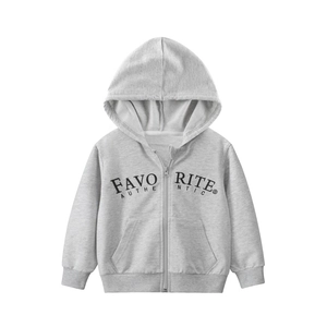 Kids grey zip-up hoodie with favorite authentic print and ribbed cuffs on white background