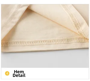 Close-up of double-needle stitching on the hem of a girl's beige cotton t-shirt