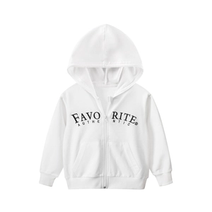 Classic white zip-up hoodie for children featuring black Favorite graphic print